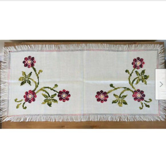 Vtg Hand Embroidered Akle Norweave Scandinavian Flower Table Runner Linen 14x32 - Picture 5 of 5